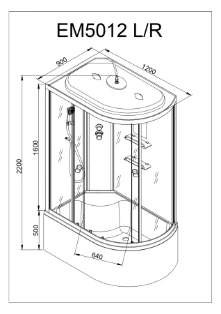Душевая кабина AvaCan EM5012LGM 120х90 асимметричная с крышей ориентация левая