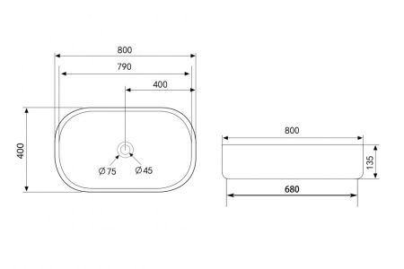 Раковина из сантехнического фаянса Abber BEQUEM AC2110MW 80х40 накладная цвет белый без отверстий под смеситель