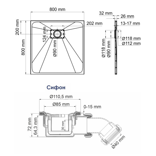 Душевой поддон WasserKRAFT Main 41T 41T02 80x80 стеклопластик белый - фото 2