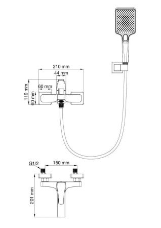 Смеситель для ванны Wonzon & Woghand Flex WW-88037072-MB настенный черный