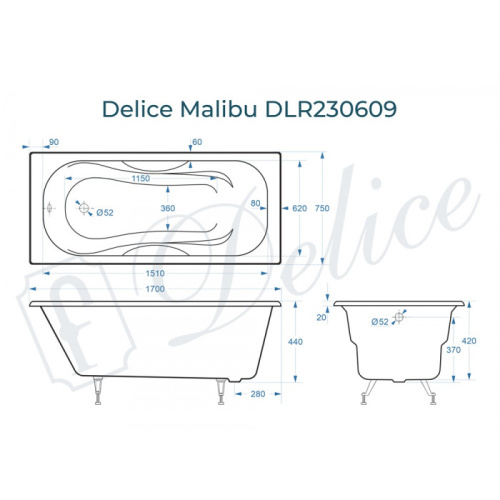 Ванна чугунная Delice Malibu DLR230609 170х75 пристенная прямоугольная - фото 2