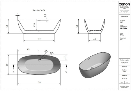 Ванна акриловая Zenon Como 4000.000.000.000.41026 170х80 отдельностоящая овальная