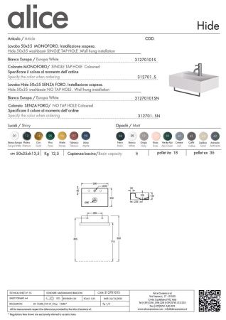 Раковина керамическая Alice Hide 31270101S 50х40 подвесная цвет белый