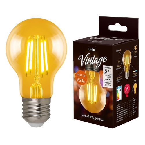 Лампа светодиодная филаментная Uniel Vintage (Винтаге) LED-A60-6W/GOLDEN/E27 GLV21GO - фото 3