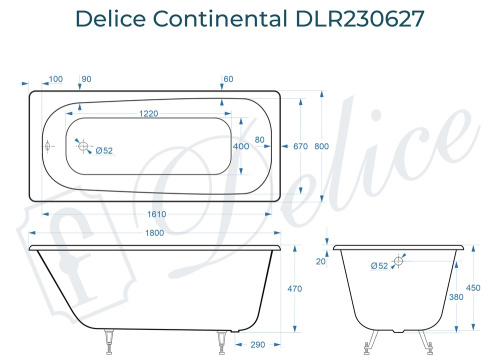 Ванна чугунная Delice Continental DLR230627 180х80 пристенная прямоугольная без ножек - фото 3