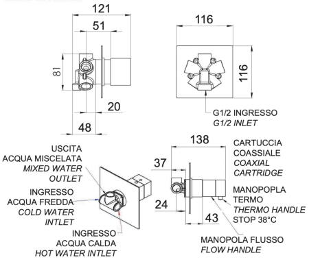 Смеситель для душа Remer Q-Elegance QT95C встраиваемый в стену хром с термостатом
