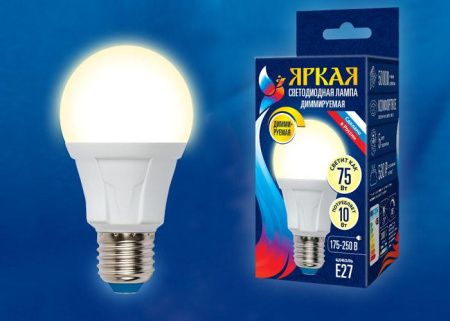 Лампа светодиодная диммируемая Uniel LED-A60 10W/4000K/E27/FR/DIM PLP01WH картон