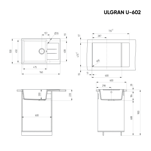 Кухонная мойка Ulgran Classic U-602-343 76х50 цвет антрацит - фото 2