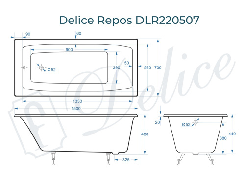 Ванна чугунная Delice Repos DLR220507 150х70 пристенная прямоугольная без ножек - фото 3