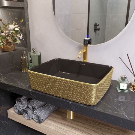 Раковина из сантехнического фаянса Grossman Color GR-3016GBR 50х40 накладная цвет черный/золото без отверстий под смеситель