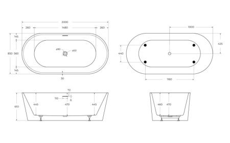 Ванна акриловая BelBagno BB416-2000-850 200х85 отдельностоящая овальная с ножками