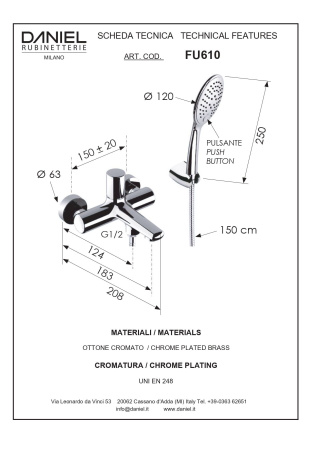Смеситель для ванны Daniel Fusion FU610-RL настенный медь глянцевая