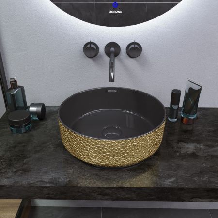 Раковина из сантехнического фаянса Grossman Color GR-5010GBL 40х40 накладная цвет черный/золото без отверстий под смеситель