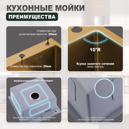 Кухонная мойка Splenka S701.5050.03 50х50 цвет золото поверхность матовая