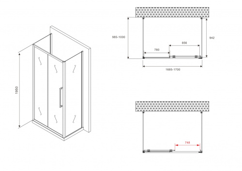 Душевой уголок Abber Schwarzer Diamant AG30170MH-S100M-S100M 100х170 стекло матовое профиль хром глянцевый без поддона - фото 5
