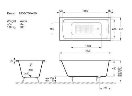 Ванна чугунная Vinsent Veron Devon VDV1757545H/VH0012BL-AS 175х75 пристенная прямоугольная с ножками с ручками