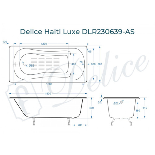 Ванна чугунная Delice Haiti Luxe DLR230639-AS 180х80 пристенная прямоугольная - фото 2