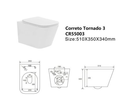 Унитаз подвесной Taliente Correto Tornado 3 CR55003 белый с сиденьем микролифт безободковый смыв торнадо