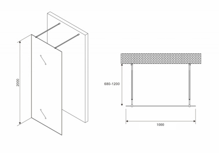 Душевая перегородка Abber Immer Offen AG68100BF8 100х200 стекло прозрачное с рисунком профиль черный