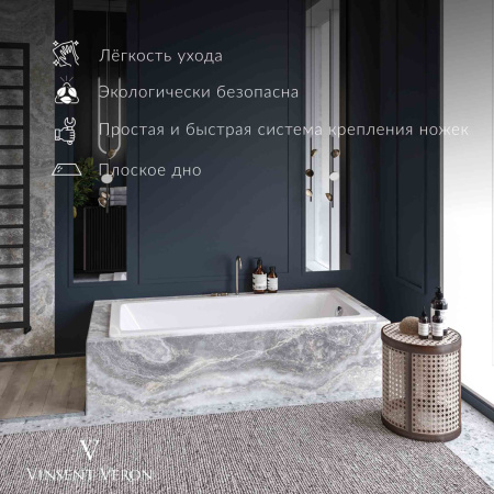 Ванна чугунная Vinsent Veron Square VSQ1707545H/E60327CH-AS 170х75 пристенная прямоугольная с ножками с ручками