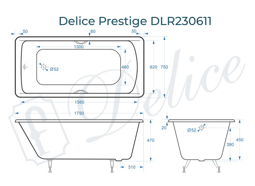 Ванна чугунная Delice Prestige DLR230611 175х75 пристенная прямоугольная без ножек - фото 3