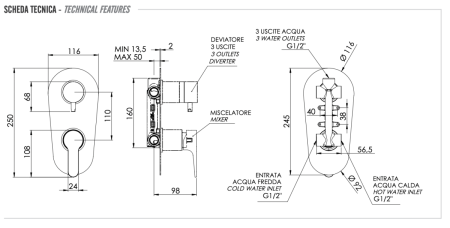 Смеситель для душа Remer Winner W93 встраиваемый в стену хром