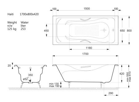 Ванна чугунная Vinsent Veron Haiti VHT1708042H/VH008CH-AS 170х80 пристенная прямоугольная с ножками с ручками