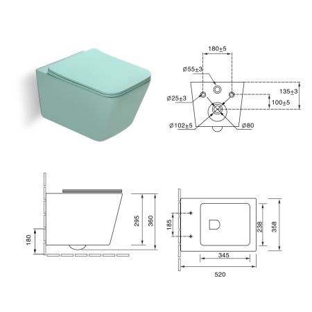 Унитаз подвесной SantiLine SL-5007LG цвет светло-зеленый с сиденьем микролифт безободковый смыв воронка-водоворот