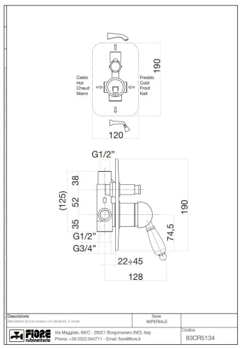Смеситель Fiore Imperiale 83CR5134 встраиваемый хром - фото 2