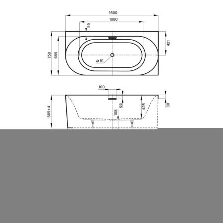 Ванна акриловая Wellsee Collaro 289109000 150х75 пристенная асимметричная с ножками