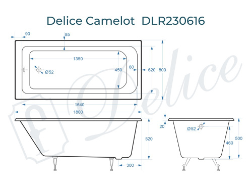 Ванна чугунная Delice Camelot DLR230616 180х80 пристенная прямоугольная без ножек - фото 3