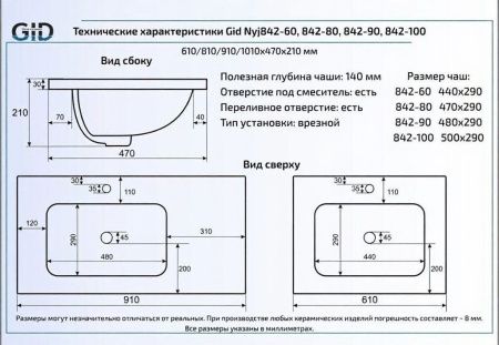 Раковина из сантехнического фаянса Gid Simple-N 71132 60х50 встраиваемая цвет белый 1 отверстие под смеситель