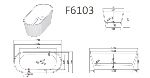 Ванна акриловая Frank 12513 170х75 отдельностоящая овальная с ножками - фото 2