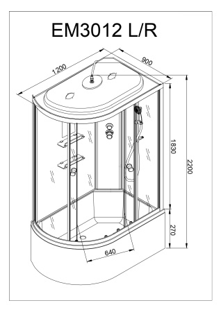 Душевая кабина AvaCan EM3012RGM+EL 120х90 асимметричная с крышей ориентация правая