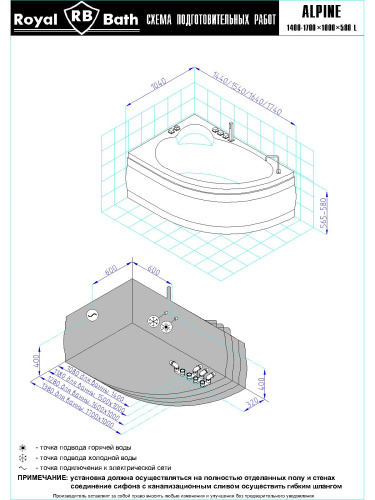 Ванна гидромассажная Royal Bath ALPINE RB819102ST-L 170х100 пристенная угловая асимметричная - фото 3