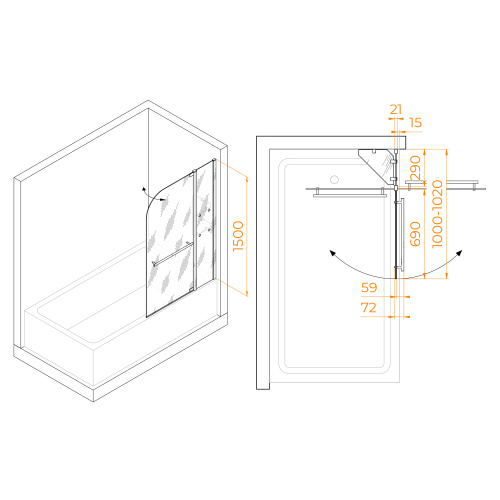 Душевая шторка на ванну RGW Screens 03110810-11 100х150 стекло прозрачное профиль хром глянцевый ориентация универсальная - фото 2