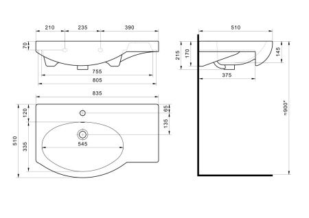 Раковина из сантехнического фарфора Santek Коралл WH110228 80х50 накладная цвет белый