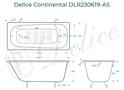 Ванна чугунная Delice Continental DLR230619-AS 140х70 пристенная прямоугольная без ножек с антискользящим покрытием - фото 3