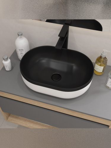Раковина из сантехнического фарфора Teymi Solli T50388 49х35 накладная цвет черный/белый - фото 5