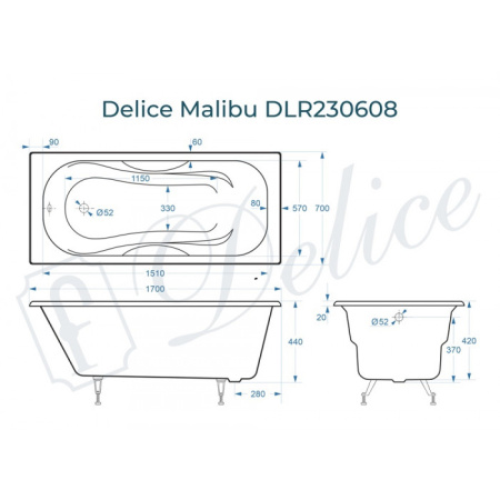 Ванна чугунная Delice Malibu DLR230608 170х70 пристенная прямоугольная без ножек