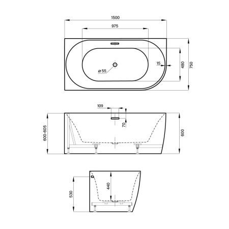 Ванна акриловая Wellsee Belle Spa 235701000 150х75 пристенная асимметричная с каркасом