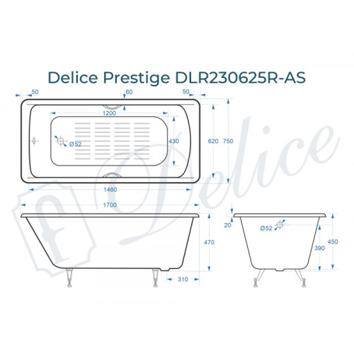 Ванна чугунная Delice Prestige DLR230625R-AS 170х75 пристенная прямоугольная - фото 2