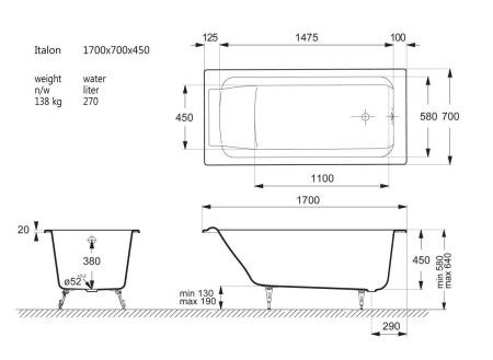 Ванна чугунная Vinsent Veron Italon VIT1707045 170х70 пристенная прямоугольная с ножками