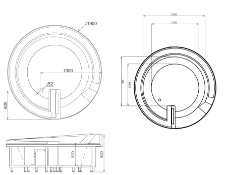 Ванна акриловая гидромассажная Gemy G9090 K 190х190 встраиваемая круглая с каркасом