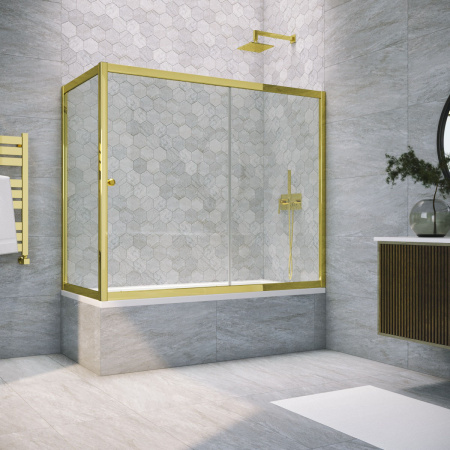 Душевая шторка на ванну Vegas-Glass ZV+ZVF TUR+NOVO ZV+ZVF TUR NOVO 180*90 09 01 180х140 стекло прозрачное профиль золото глянцевое