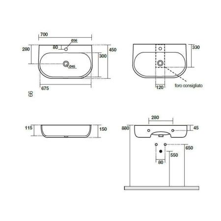 Раковина из сантехнического фарфора Kerasan Nolita 534201*1 70х50 накладная цвет белый 1 отверстие под смеситель