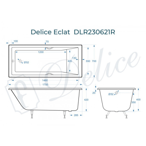 Ванна чугунная Delice Eclat DLR230621R 170х70 пристенная прямоугольная - фото 2