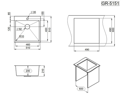 Кухонная мойка Granula 5151, ЗОЛОТО САТИН 51х51 цвет золото сатин поверхность матовая