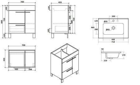 Тумба с раковиной Parly Gill Gill70 70х50 подвесная цвет серый