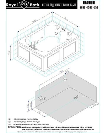 Ванна акриловая гидромассажная Royal Bath HARDON RB083100DL 200х150 пристенная прямоугольная с каркасом